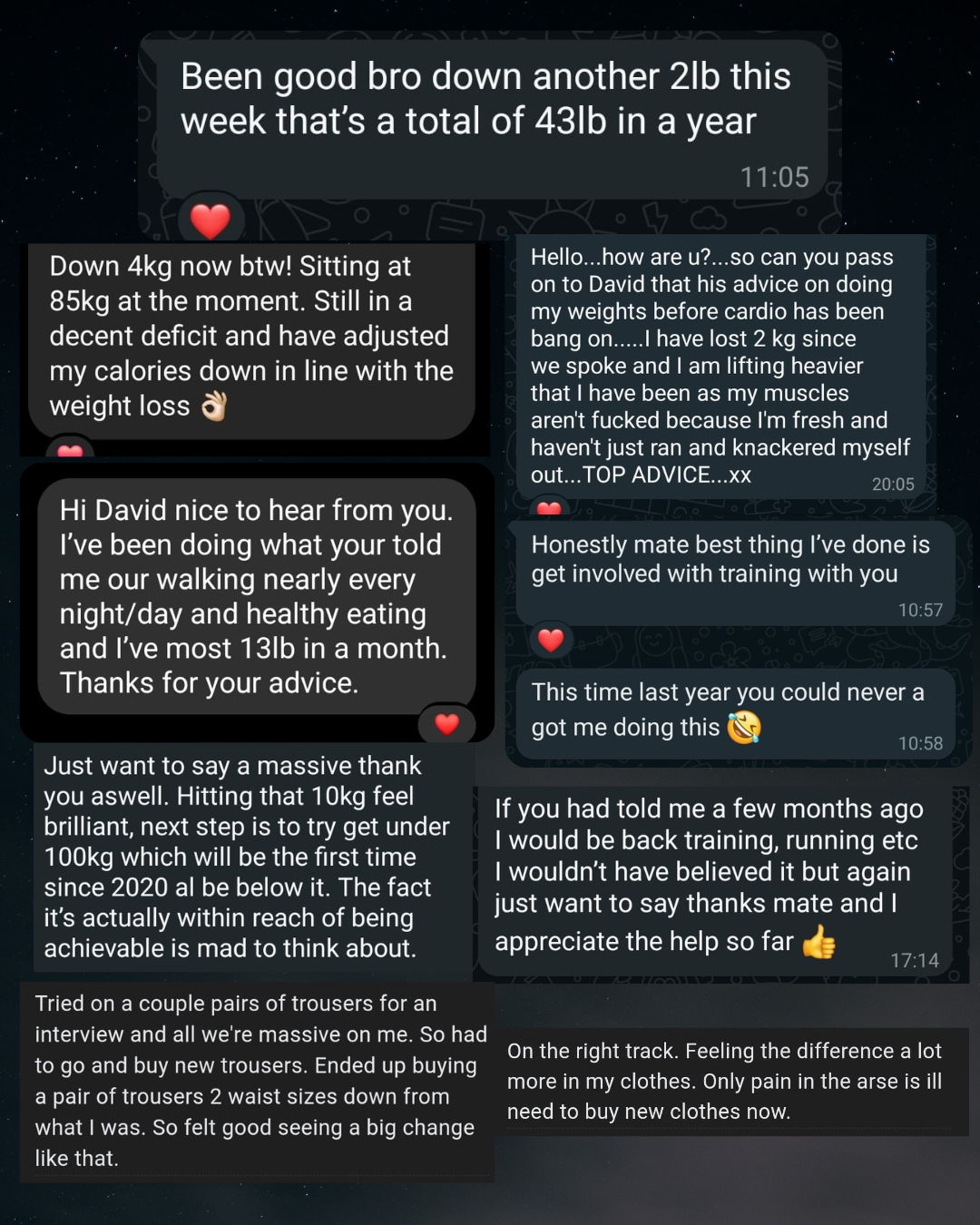 Client testimonials showing real weight loss and coaching results